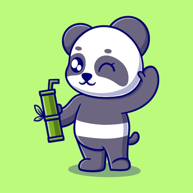 Cute panda holding bamboo cartoon icon illustration