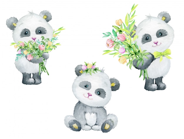 Vector cute panda holding a bouquet of flowers, watercolor cute animal