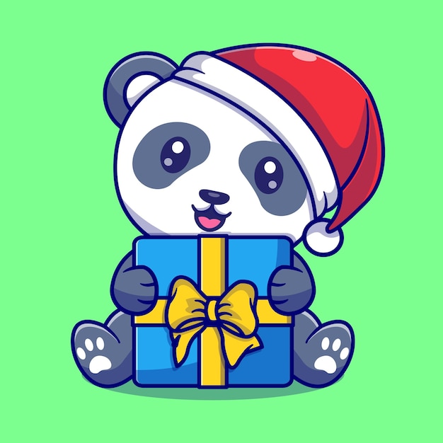Вектор Милая панда держит подарочную коробку на рождественскую иллюстрацию векторной иконки мультфильма.
