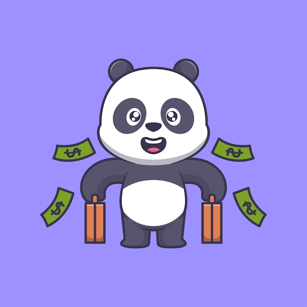 カートゥーンアイコンのイラストでお金のバッグを握っている可愛いパンダ