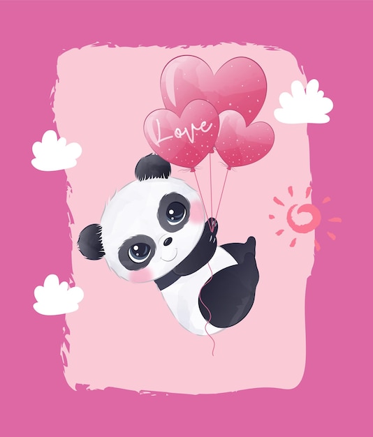 A cute panda holding two balloons flying in the air illustration Vector of happy valentine panda