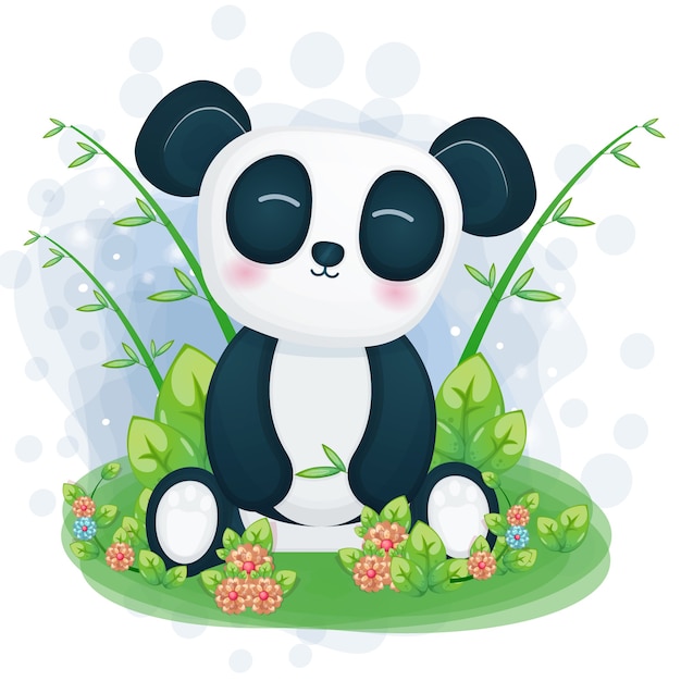 かわいいパンダのイラストは草の上に座る