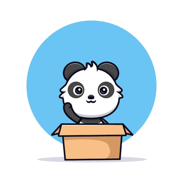 Cute panda inside box and waving paw. animal cartoon mascot vector illustration