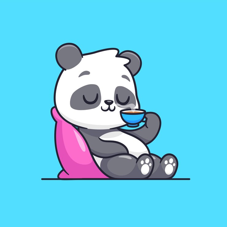 Vector cute panda lay on pillow with coffee cartoon vector icon illustration animal drink isolated flat