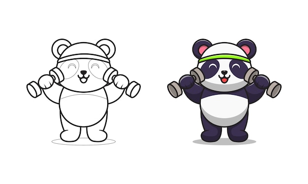 Мультфильм милая панда, поднимающая штангу для раскраски