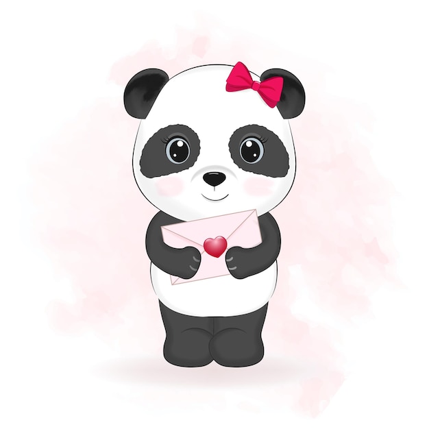 Cute panda and love letter valentines day concept illustration