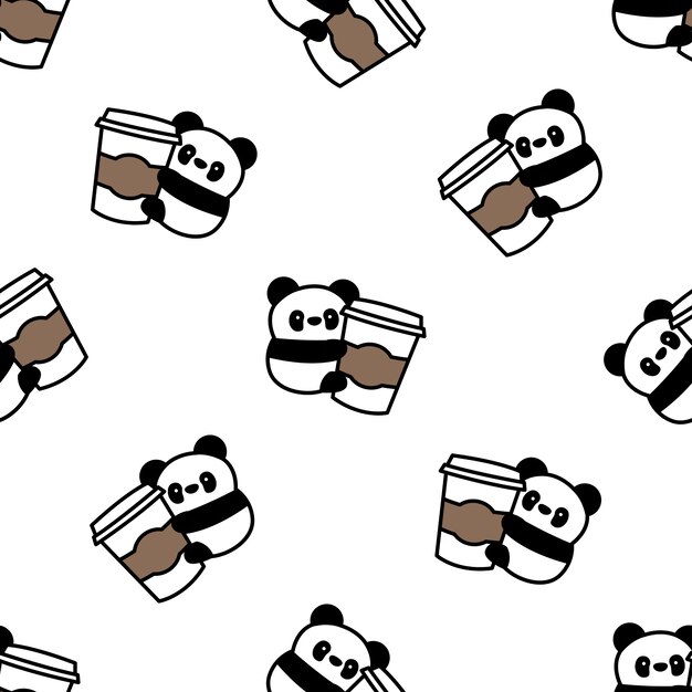 Cute panda loves coffee cartoon seamless pattern