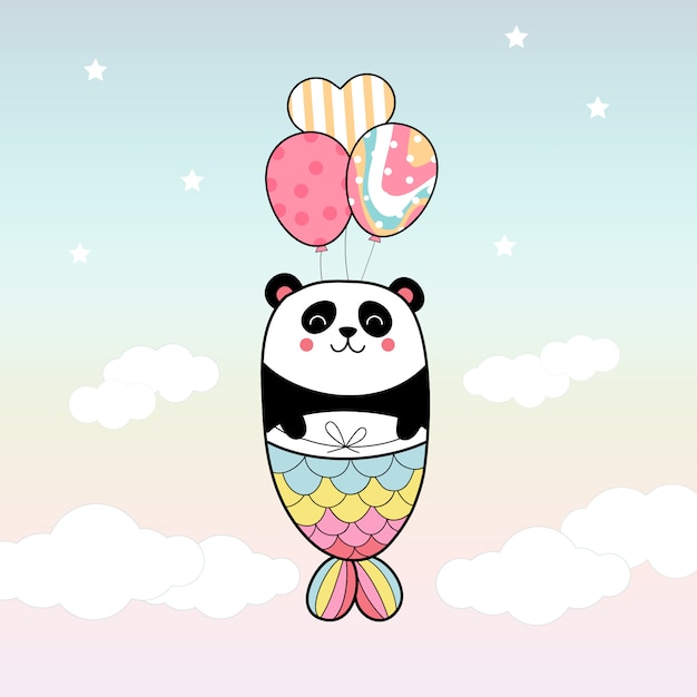 Cute panda mermaid flying with balloon in the sky