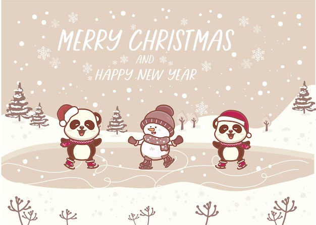 Simpatico panda buon natale e felice anno nuovo vettore pattinaggio su ghiaccio sulla neve. banner di sfondo natura vacanza.