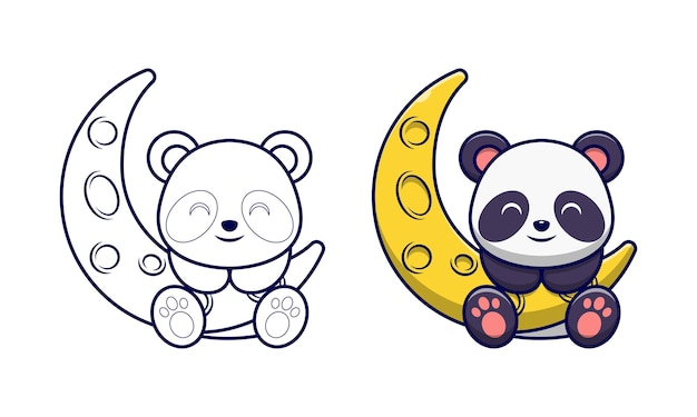 Cute panda on moon cartoon coloring pages for kids