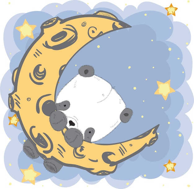 Cute Panda on the moon cartoon hand drawn.