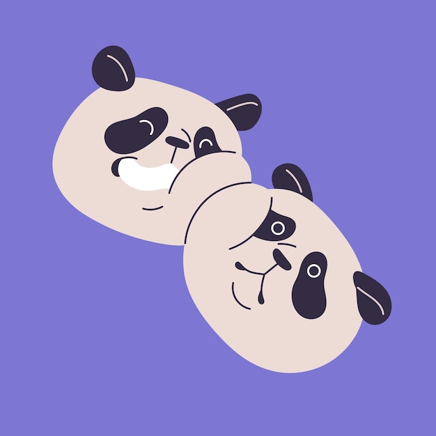 Cuccioli carini di panda una coppia di orsi asiatici sorride e ride una coppia d'animali divertenti e felici affronta la cina personaggio soffice emozione bambino e stile infantile adesivo illustrazione vettoriale isolata piatta
