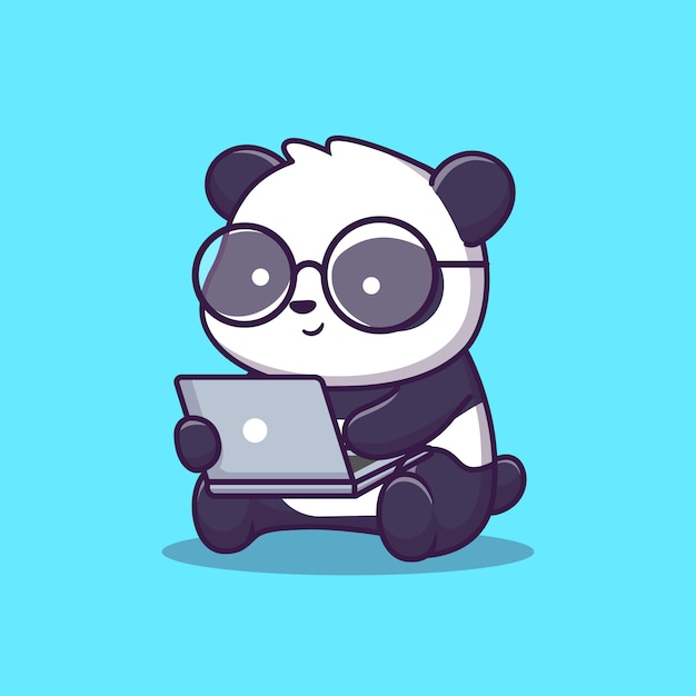 Vector cute panda play laptop illustration. animal technology    . flat cartoon style