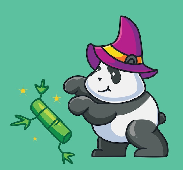 Милая панда играет волшебство, летающее на бамбуковом мультяшном животном, концепция хэллоуина, изолированных иллюстрация