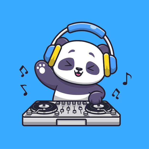 Симпатичная панда, играющая диджейскую электронную музыку с наушниками, векторная икона мультфильма, музыка животных