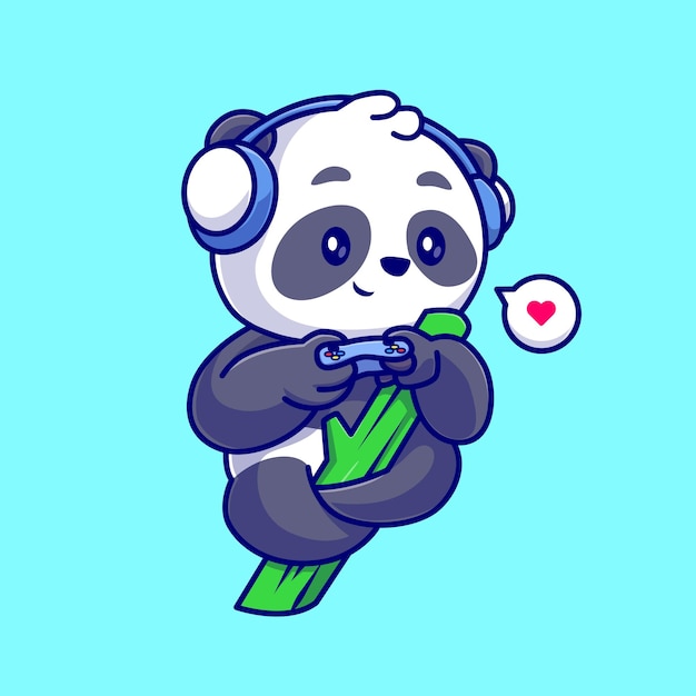 Симпатичная панда, играющая в игру на бамбуке с векторной иконкой для наушников. технология животных