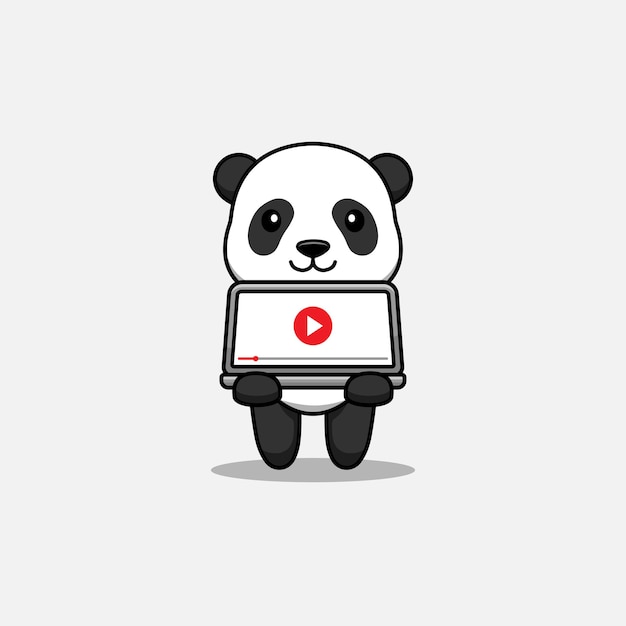 Cute panda playing video on laptop