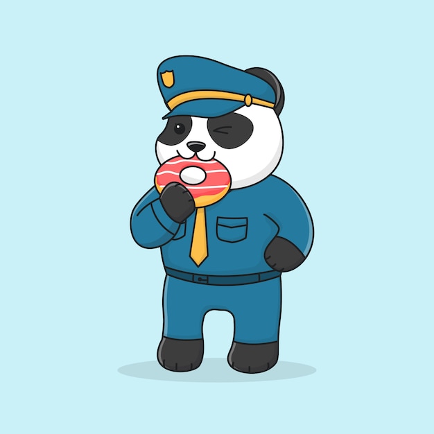 Cute panda police eating doughnut