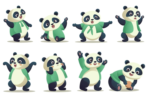 Cute panda set This illustration is a set of cute panda designs in a flat and cartoon style