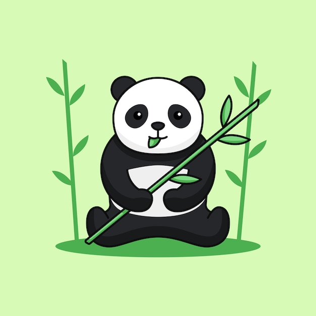 Il panda sveglio si siede mangia la foglia e tiene il gambo di bambù sull'illustrazione semplice del profilo del fondo della foresta.