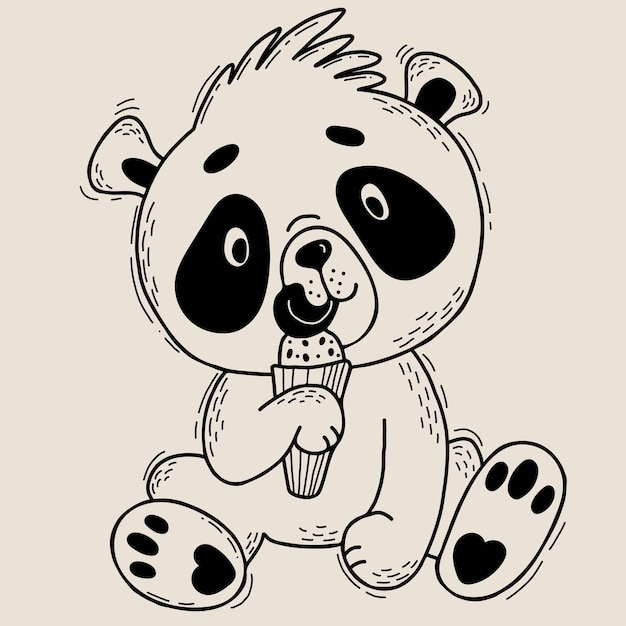 Cute panda sits and licks an ice cream vector cute animal in linear hand drawing kids collection