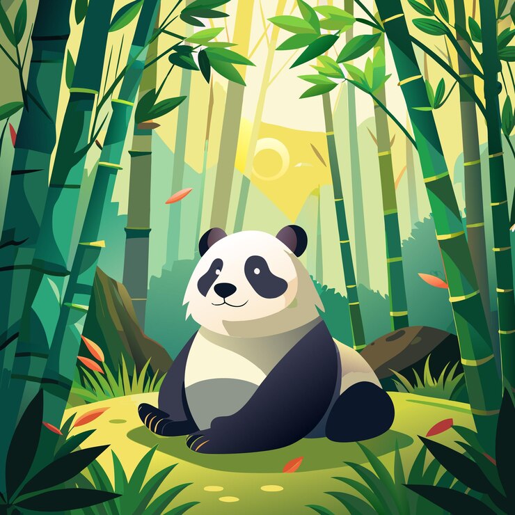 Vector cute panda sitting in bamboo forest