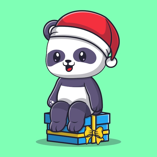 Cute panda sitting on a gift box for christmas day cartoon vector icon illustration.