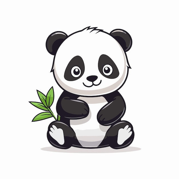 Cute panda sitting and holding green leaf Vector illustration