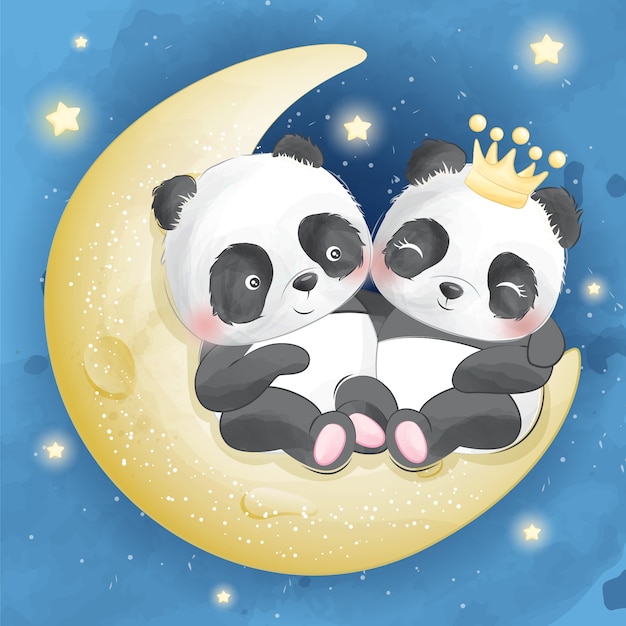 Милая панда сидит на луне