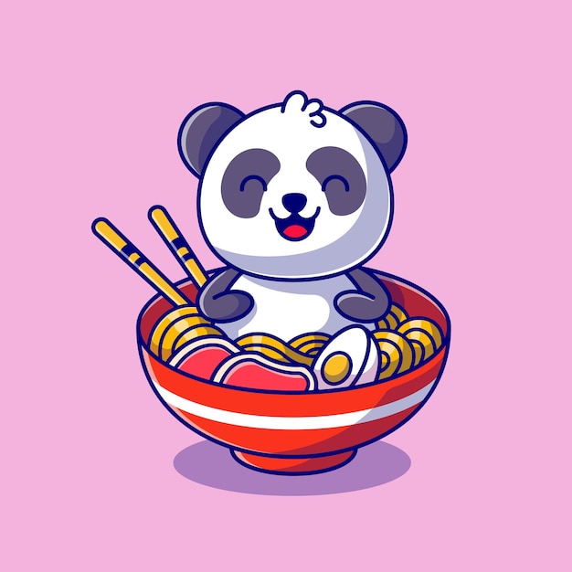 Cute panda sitting in the noodle bowl cartoon icon illustration.