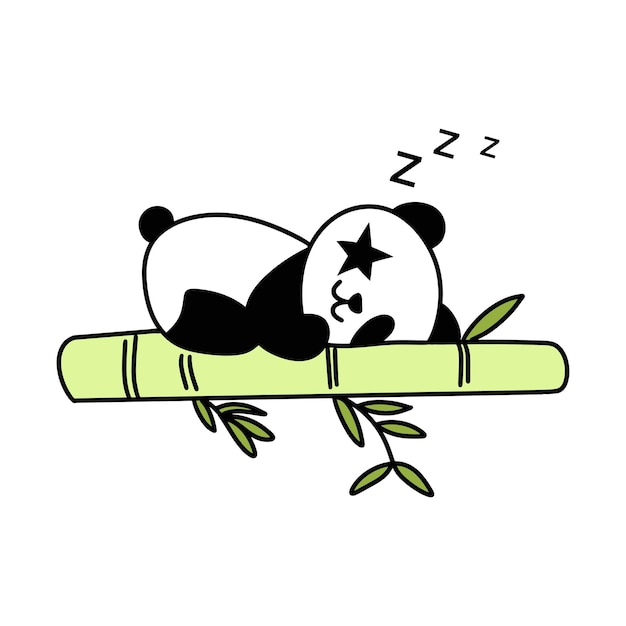 Vector cute panda sleeps on a bamboo branch hand drawn vector black and white icon modern style illustration for apparel print labels stickers surface design white background