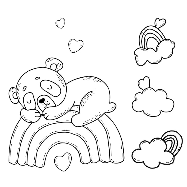 Il simpatico panda dorme dolcemente sull'arcobaleno con nuvole e cuori illustrazione vettoriale contorno doodle