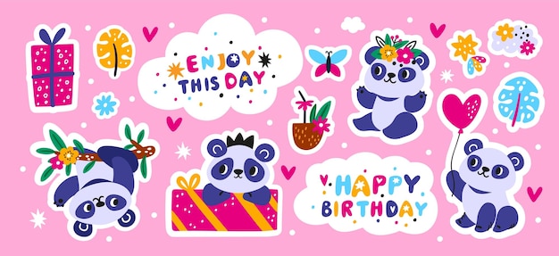 Cute panda stickers Cartoon funny animals Color labels Happy Chinese bear poses Birthday party Comic mascot with balloon and holiday gift Tropical pretty fauna Exotic flowers Garish vector set