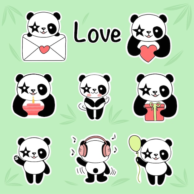 Cute panda stickers for valentine s day the concept of love illustration on a green background