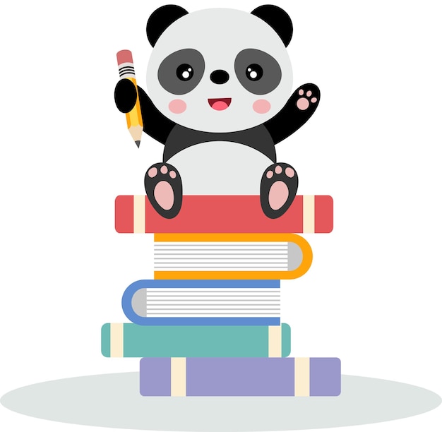 Studente panda carino che tiene una matita sopra i libri