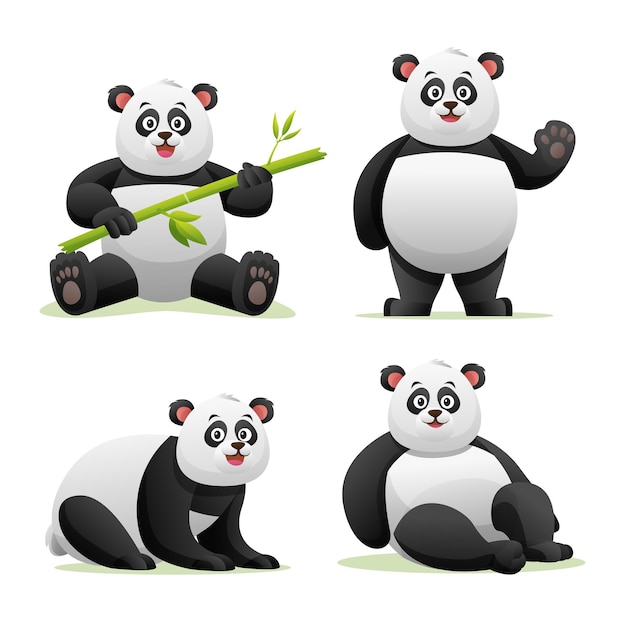 Cute panda in various poses cartoon illustration