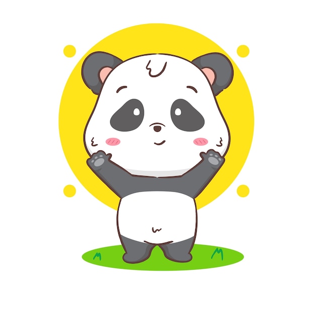 손을 흔드는 귀여운 팬더 만화 캐릭터 Kawaii 사랑스러운 동물 컨셉 디자인