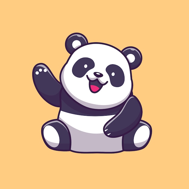 Cute Panda Waving Hand   Icon Illustration. Panda Mascot Cartoon Character. Animal Icon Concept Isolated