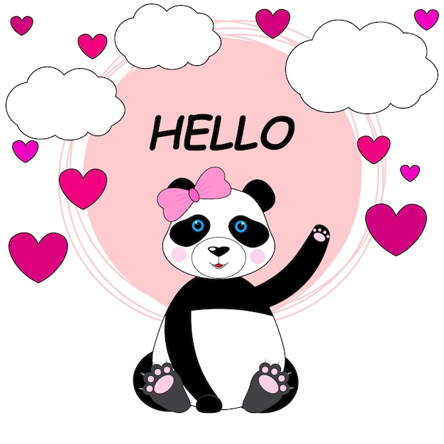 Cute panda waving his paw Panda cartoon character Greetings Postcard sticker Vector illustration isolated on white background