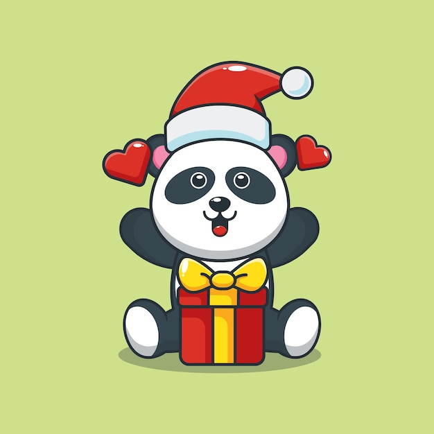 Simpatico panda che indossa un cappello da babbo natale con scatola regalo nel giorno di natale simpatico cartone animato di natale illustrazione