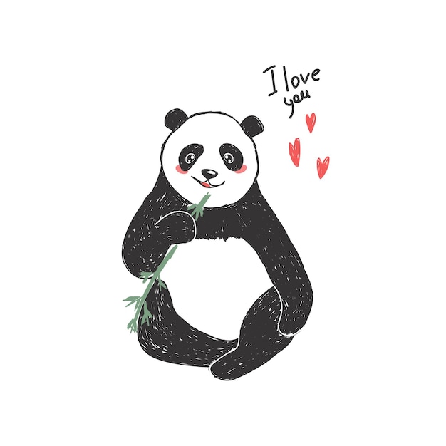 Panda carino su sfondo bianco con cuori e la scritta ti amo illustrazione vettoriale