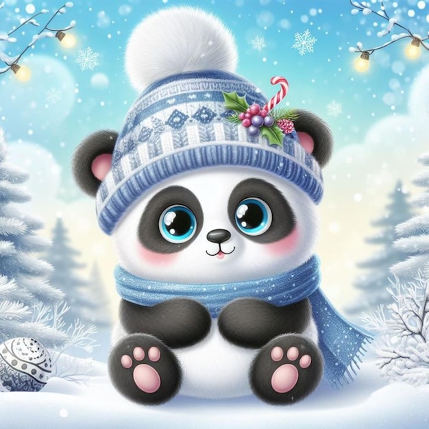 Cute panda in a winter hat sits in the snow