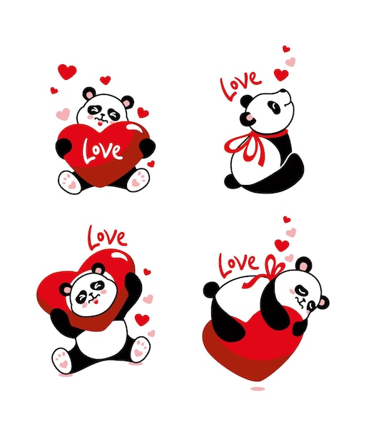 Vector cute panda wishes you a happy valentines day set of illustrations greeting card vector