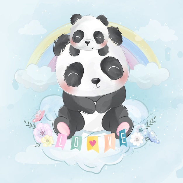 Panda carino con baby panda seduto in una nuvola