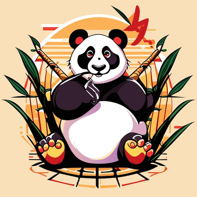 Cute panda with bamboo hand drawn cartoon sticker icon concept isolated illustration