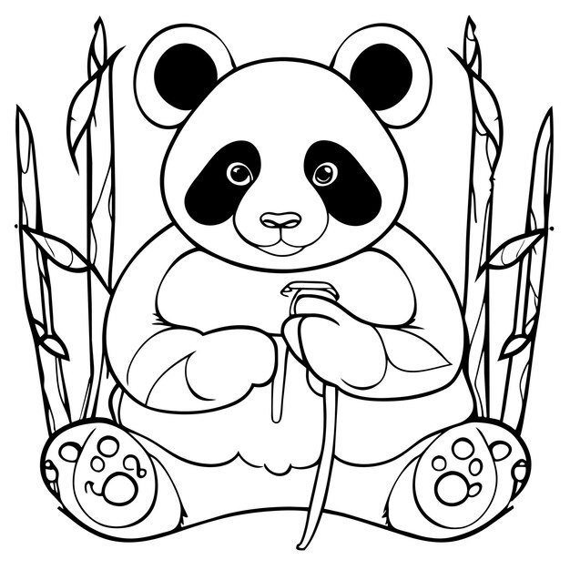 Вектор Симпатичная панда с бамбуковой наклейкой, нарисованной вручную, изолированная иллюстрация