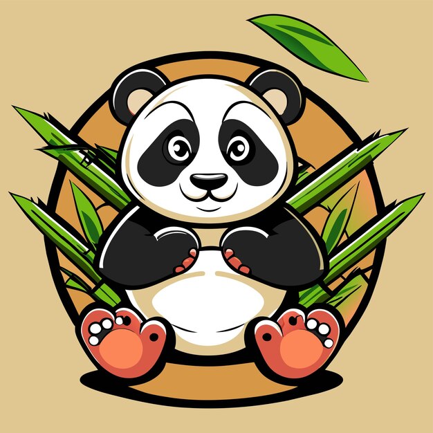 Симпатичная панда с бамбуковой наклейкой, нарисованной вручную, изолированная иллюстрация