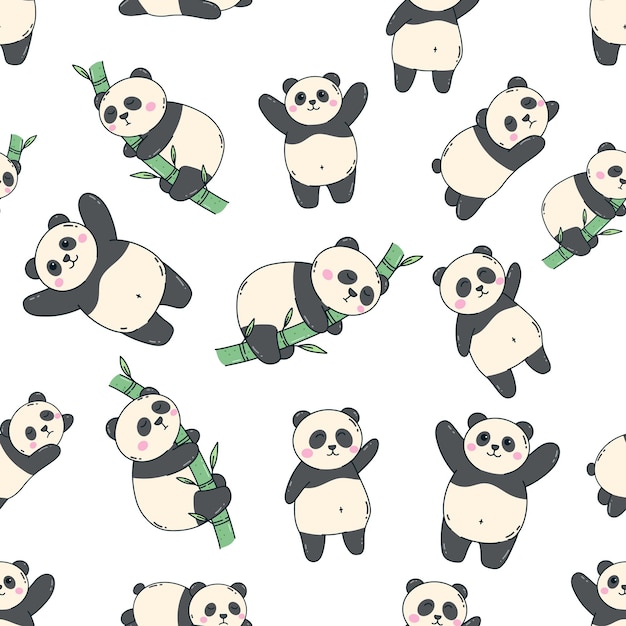 Милая панда с бамбуком в бесшовном узоре на белом фоне