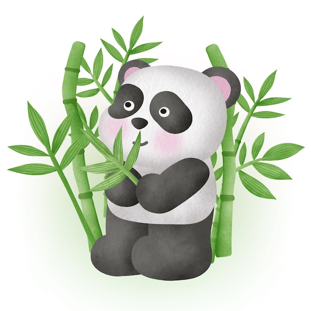 Милая панда с бамбуком в акварельном стиле