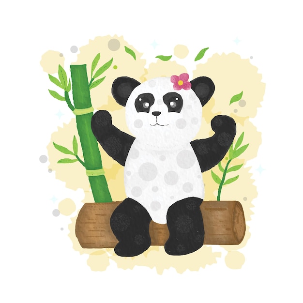 Cute panda with bamboo tree trunks watercolor illustration